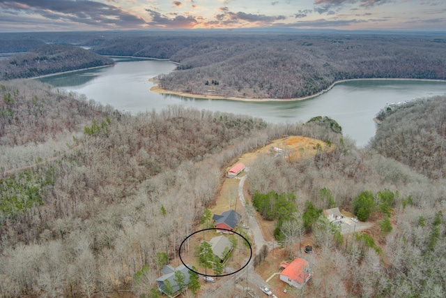 aerial view at dusk with a water view