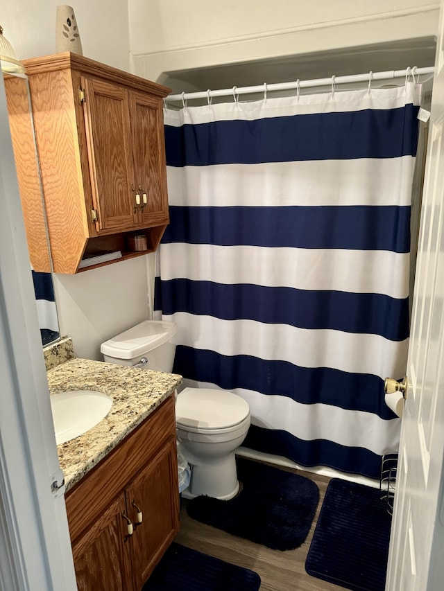 bathroom with vanity, hardwood / wood-style floors, and toilet