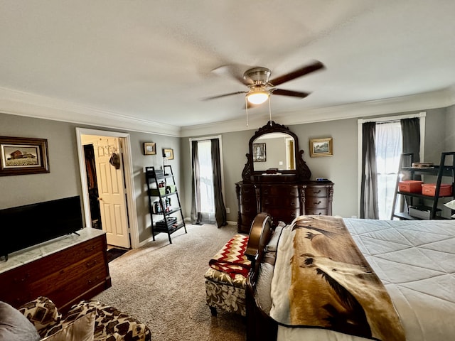 carpeted bedroom with ceiling fan, crown molding, and multiple windows