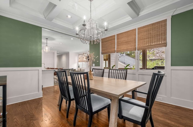 dining room featuring ornamental molding, beamed ceiling, dark hardwood / wood-style floors, and coffered ceiling