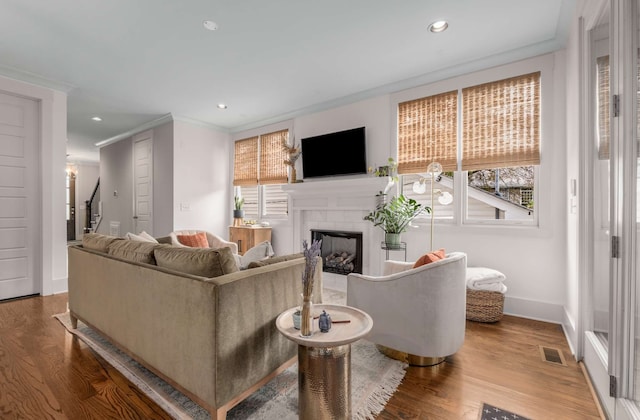 living room with hardwood / wood-style flooring, plenty of natural light, and ornamental molding