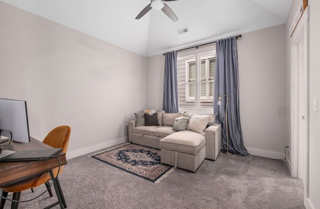 office with ceiling fan, lofted ceiling, and carpet