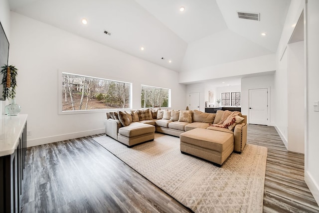 living room featuring high vaulted ceiling and wood-type flooring