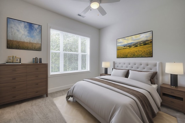 carpeted bedroom featuring ceiling fan