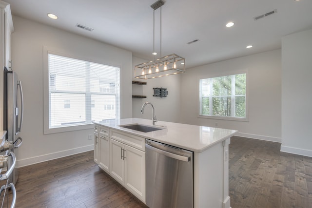 kitchen featuring plenty of natural light, sink, an island with sink, white cabinetry, and stainless steel appliances