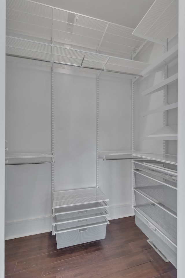 walk in closet with dark wood-type flooring