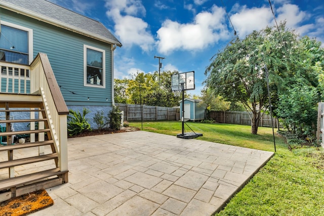 view of patio / terrace featuring a shed