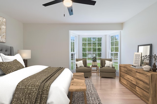 bedroom featuring light hardwood / wood-style floors and ceiling fan