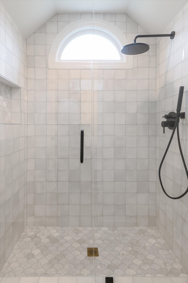 bathroom with vaulted ceiling and a shower with shower door