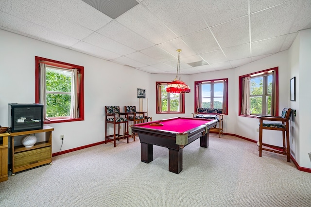 game room with carpet floors, a paneled ceiling, and billiards