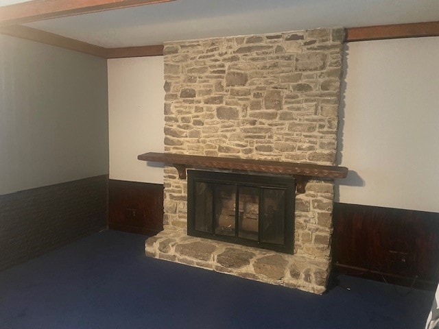 details featuring wooden walls, carpet, and a fireplace