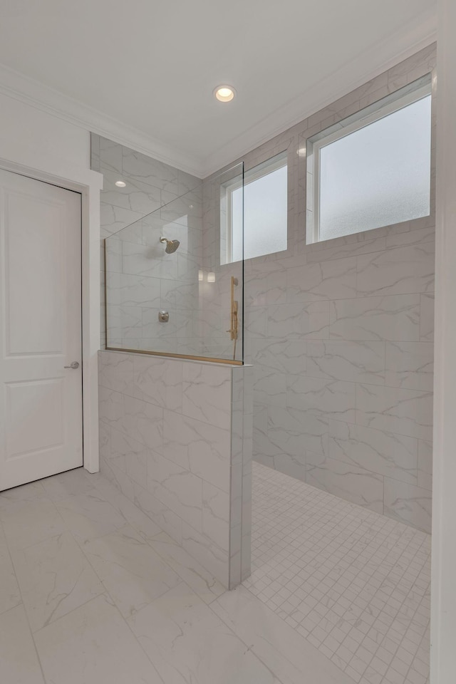 bathroom with marble finish floor, ornamental molding, walk in shower, and recessed lighting