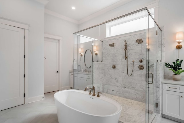 bathroom with vanity, separate shower and tub, and tile patterned floors