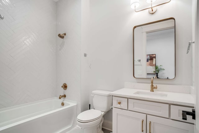 full bathroom with tiled shower / bath combo, vanity, and toilet