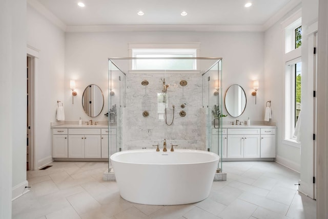 bathroom with vanity, shower with separate bathtub, crown molding, and tile patterned floors