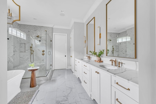 bathroom with vanity, plus walk in shower, and ornamental molding