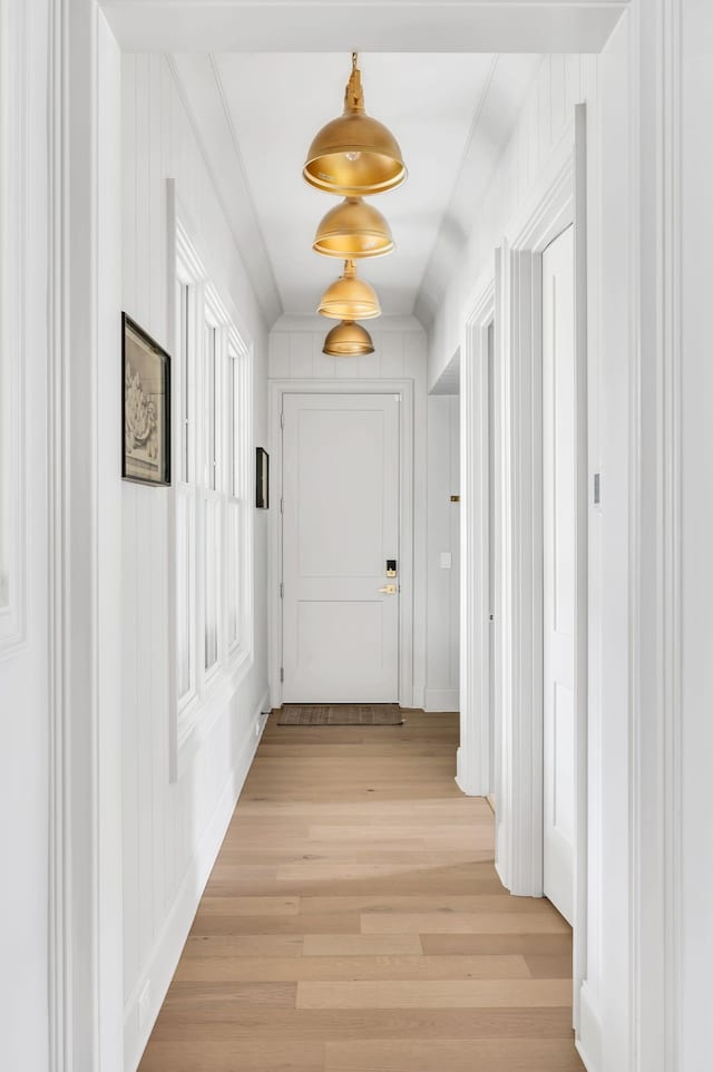 hall featuring light hardwood / wood-style floors and ornamental molding