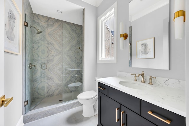 bathroom featuring walk in shower, tile patterned flooring, vanity, and toilet