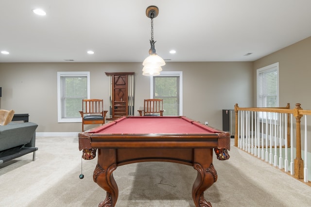 playroom featuring light carpet and pool table