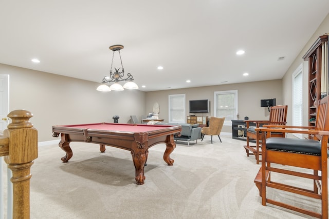 game room featuring light carpet and billiards