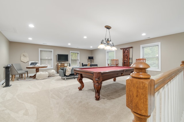 game room with light colored carpet and billiards