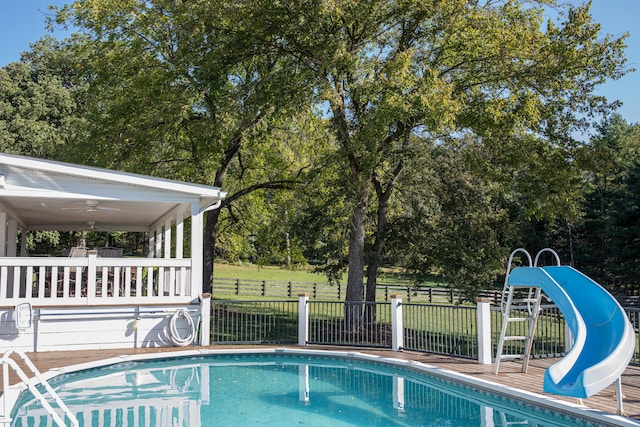 view of pool featuring ceiling fan and a water slide