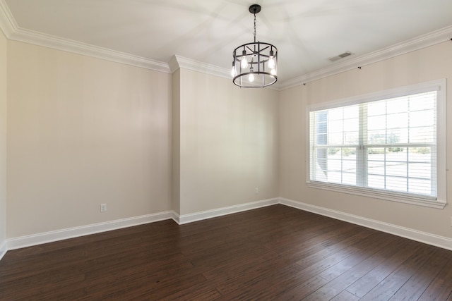 unfurnished room featuring a notable chandelier, crown molding, and dark hardwood / wood-style flooring