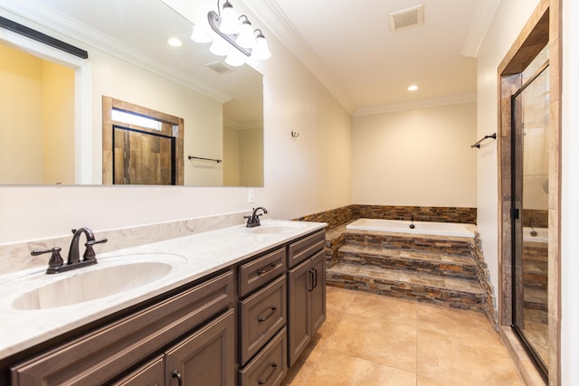 bathroom featuring ornamental molding, tile patterned flooring, vanity, and plus walk in shower