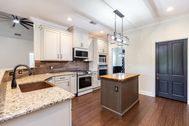 kitchen featuring a center island, sink, hanging light fixtures, appliances with stainless steel finishes, and dark hardwood / wood-style flooring