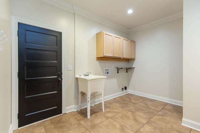 washroom featuring washer hookup, cabinets, light tile patterned flooring, electric dryer hookup, and crown molding