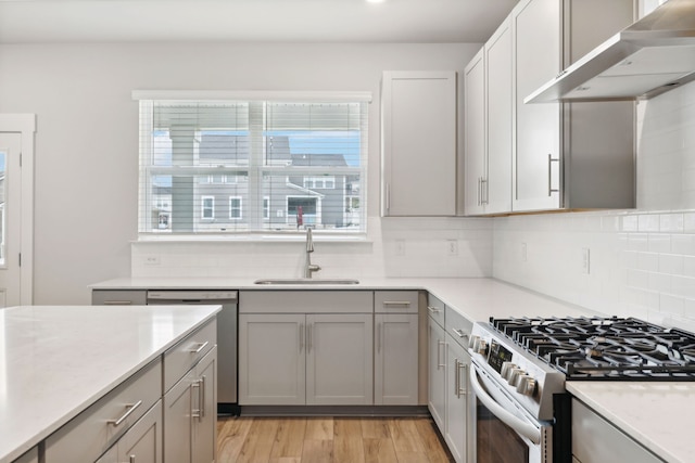 kitchen with sink, wall chimney exhaust hood, light hardwood / wood-style flooring, backsplash, and appliances with stainless steel finishes