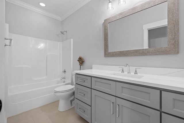 full bath featuring shower / bathing tub combination, vanity, toilet, ornamental molding, and tile patterned flooring