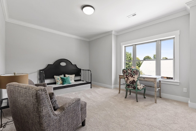 living area featuring ornamental molding and light colored carpet