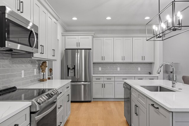 kitchen with stainless steel appliances, an inviting chandelier, a sink, crown molding, and decorative backsplash