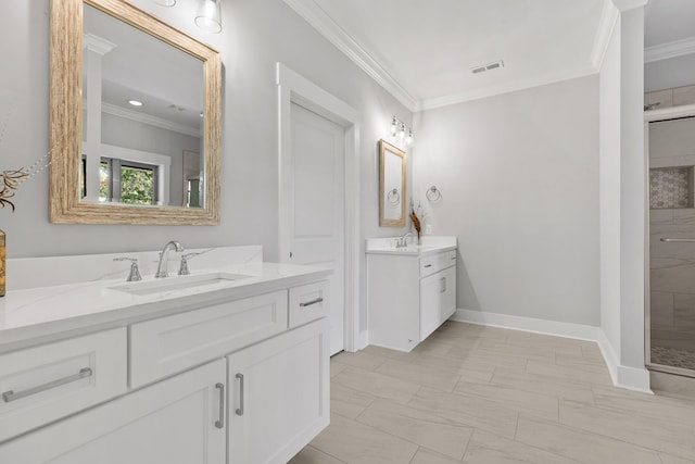 bathroom featuring crown molding, a shower, and vanity