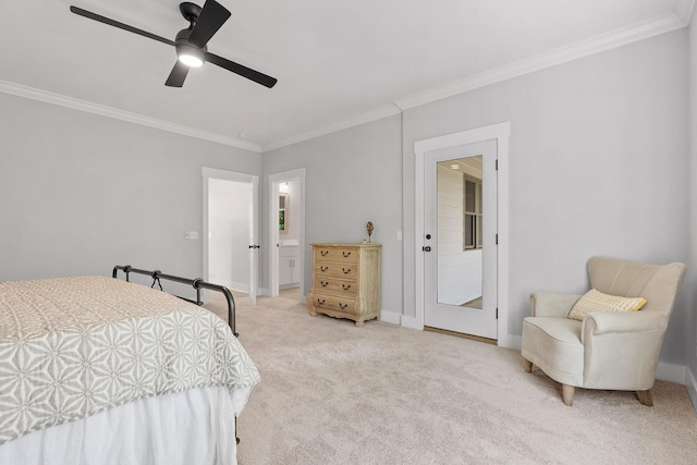 bedroom featuring baseboards, a ceiling fan, light colored carpet, and ornamental molding