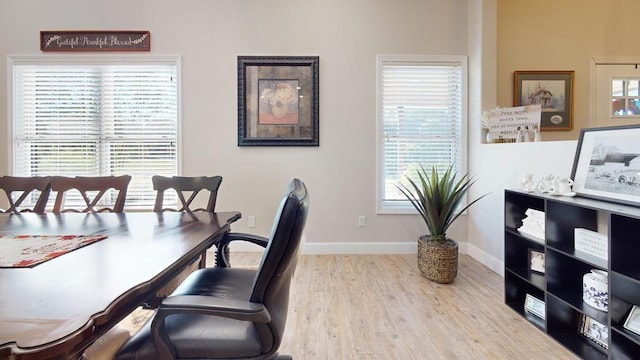 dining area with a wealth of natural light and light hardwood / wood-style flooring