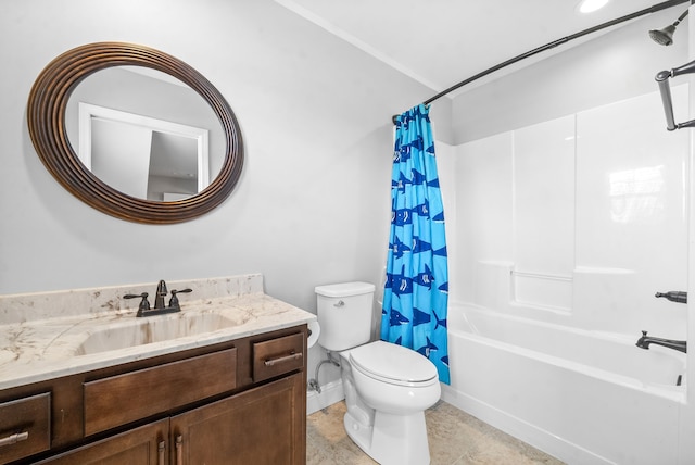 full bathroom with ornamental molding, vanity, shower / tub combo, and toilet