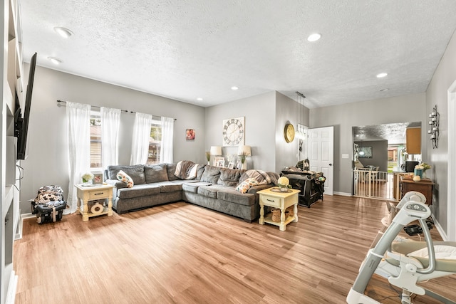 living room with light hardwood / wood-style floors and a textured ceiling