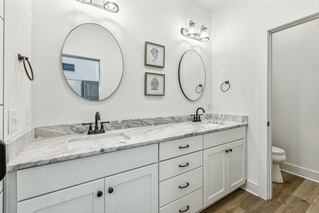 bathroom with vanity, toilet, and hardwood / wood-style flooring