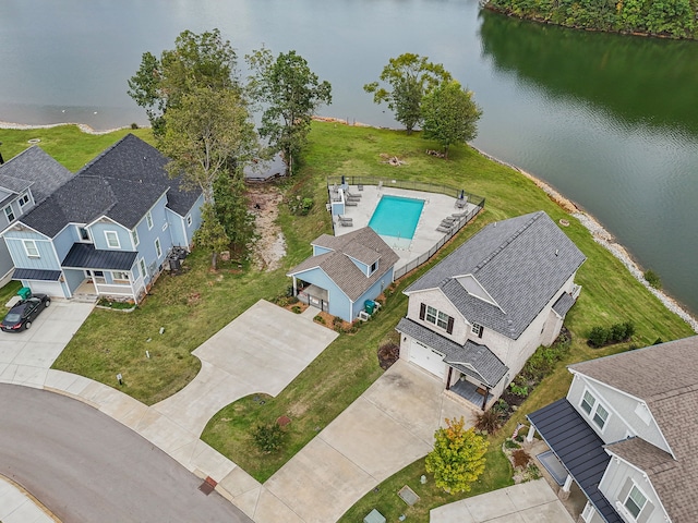 drone / aerial view featuring a water view