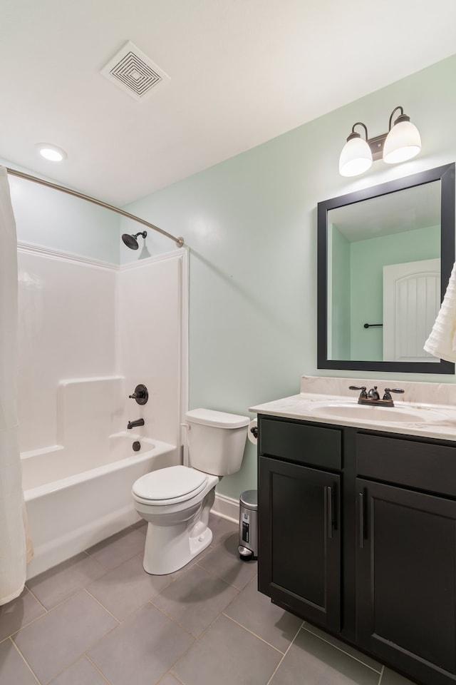 full bathroom with vanity, tile patterned flooring, toilet, and shower / bathtub combination with curtain