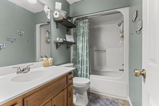 full bathroom with vanity, shower / tub combo, and toilet