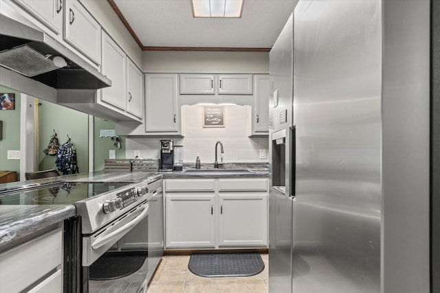 kitchen with crown molding, white cabinetry, sink, and stainless steel appliances