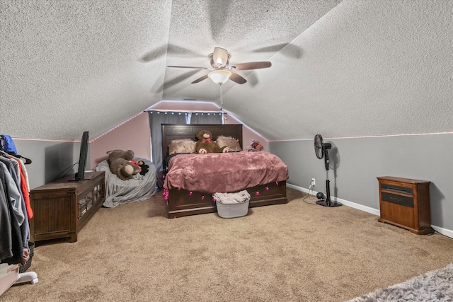 carpeted bedroom featuring vaulted ceiling, ceiling fan, and a textured ceiling