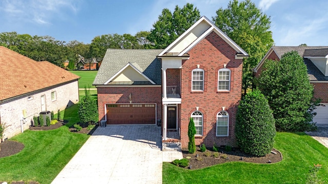 view of property featuring a front lawn, cooling unit, and a garage