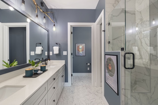 bathroom featuring vanity and an enclosed shower