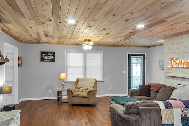 living room featuring wood ceiling, a fireplace, dark hardwood / wood-style flooring, and ceiling fan