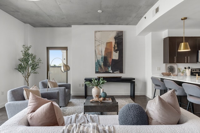 living room featuring dark wood-type flooring