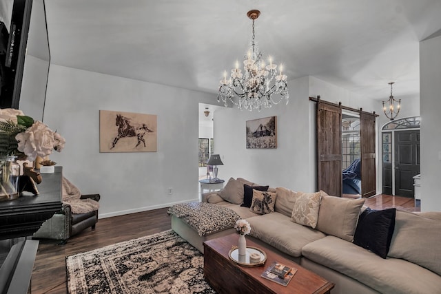 living room featuring hardwood / wood-style flooring and a barn door